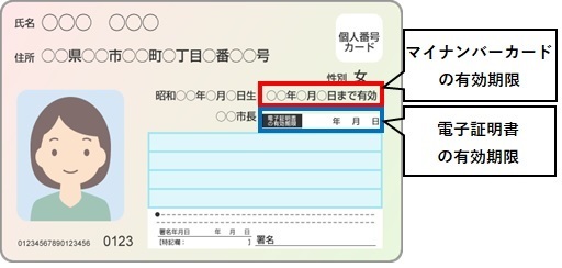 マイナンバーカードと電子証明書の有効期限が記載されているところ