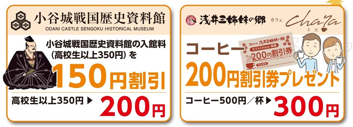 プレゼント内容（コーヒー券2枚、御城印各2枚、シャトルバス割引）